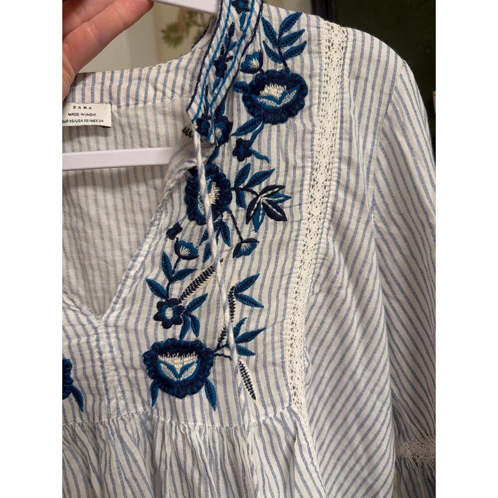 Zara TRF Embroidered Stripe Peasant Top - Picture 2 of 4